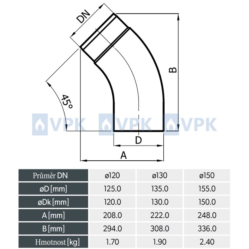 KC20 - Koleno 45° ohýbané ø130 mm