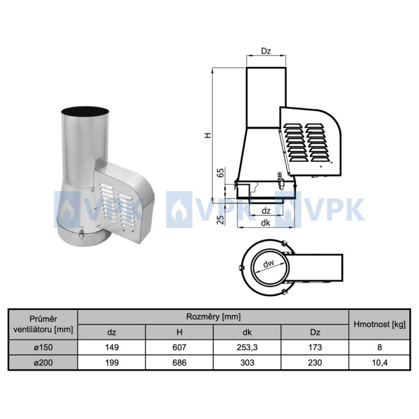 Komínový ventilátor Darco GCK ø150 mm - pre inštaláciu na dvojplášťový nerezový komín
