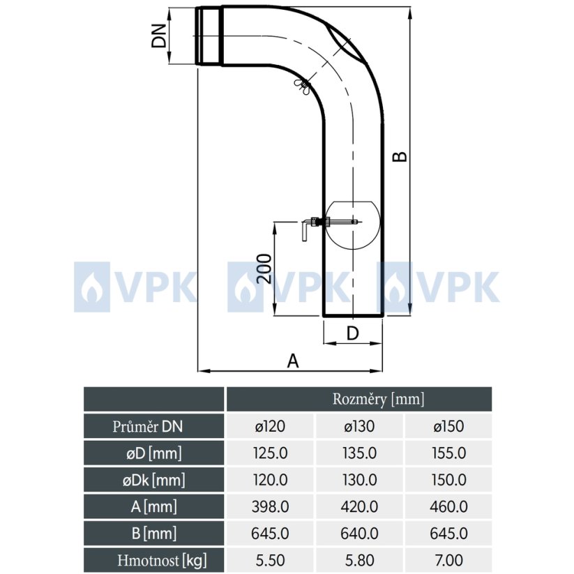 KC20 - Koleno 90° ťahané ø130 mm s klapkou a čistiacim otvorom