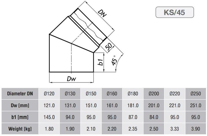 KC20 - Koleno dymovodu 45° / ø120 mm - pevné