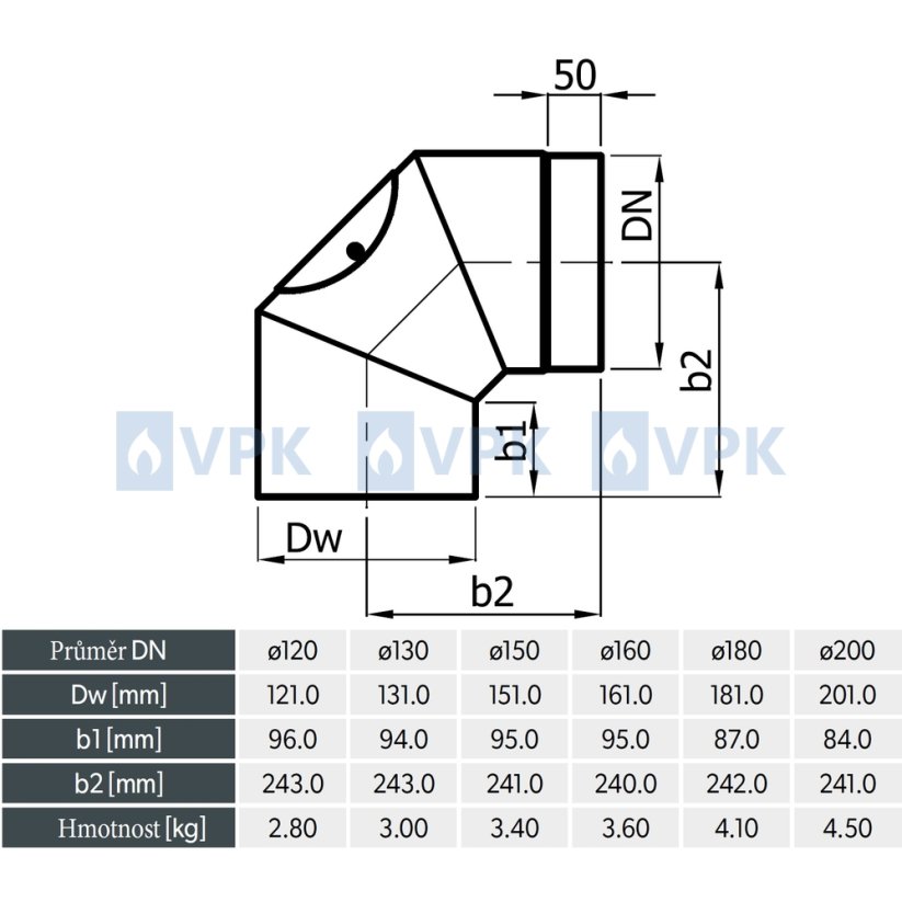 KC20 - Koleno dymovodu 90° / ø180 mm - pevné s čistiacim otvorom