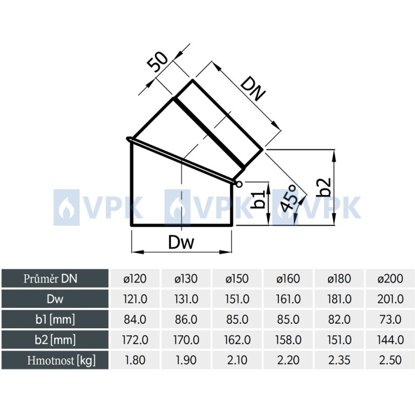 KC20 - Koleno dymovodu 0 - 45° / ø160 mm  - nastaviteľné