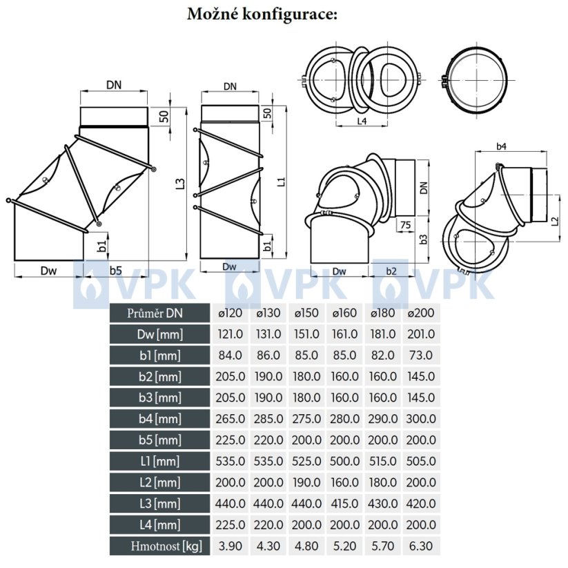 KC20 - Koleno 4 segmentové ø180 mm - nastaviteľné s čistiacimi otvormi